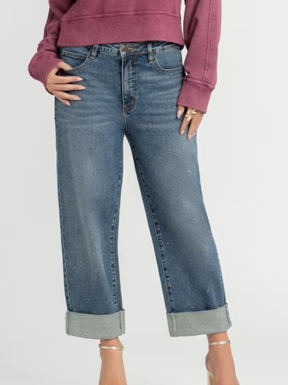 Jessica Simpson Women's Zinnia Wide Leg Boyfriend Embellished Denim Jeans | Sz 6